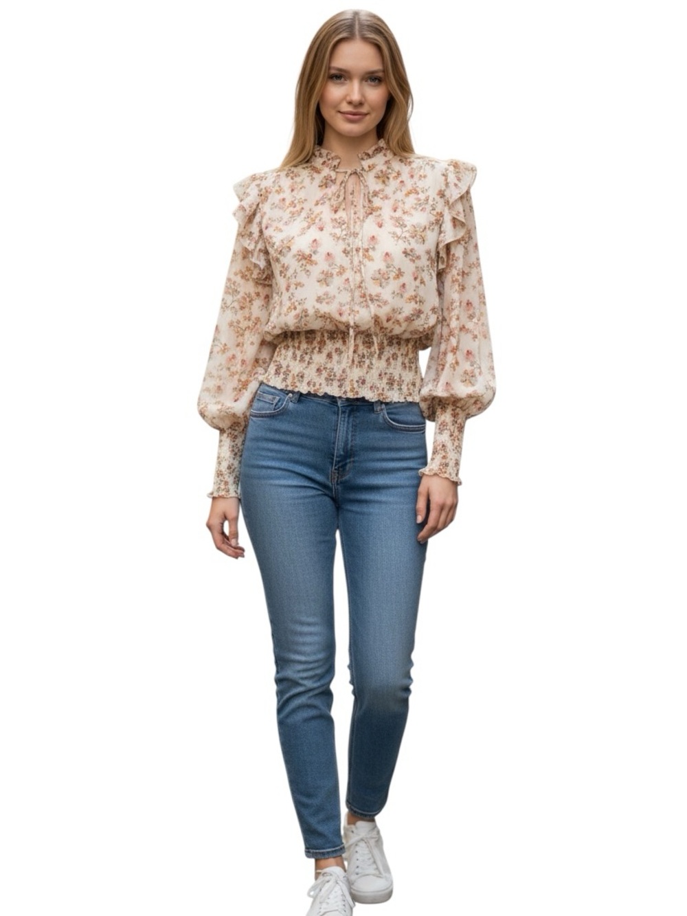 Forever 21 Cream Floral Tie-Neck Ruffle Blouse